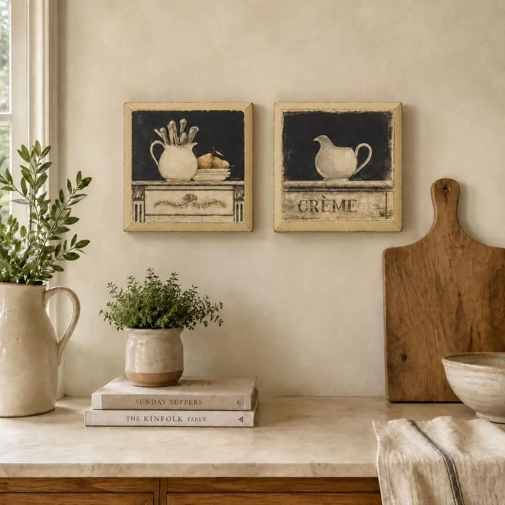 French Country Kitchen Wall Decor Wood Plaques Set of 2 Cottagecore 8x8